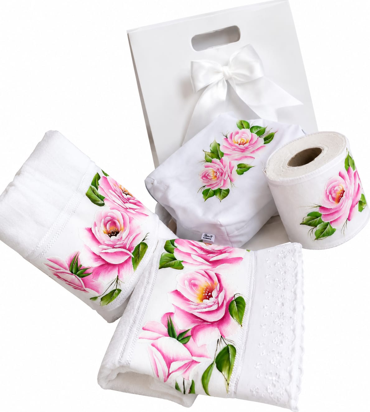 Kit Porta Papel Bordado com Toalhas e Necessaire